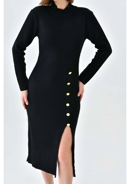 Kadın Elbise Dik Yaka Yırtmaçlı Eteği Düğmeli Elbise Siyah - 10581 fiyatları