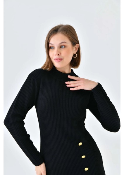 Kadın Elbise Dik Yaka Yırtmaçlı Eteği Düğmeli Elbise Siyah - 10581 modelleri