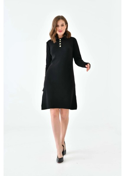 Kadın Elbise Polo Yaka Düğmeli Mini Boy Triko Elbise Siyah - 10551