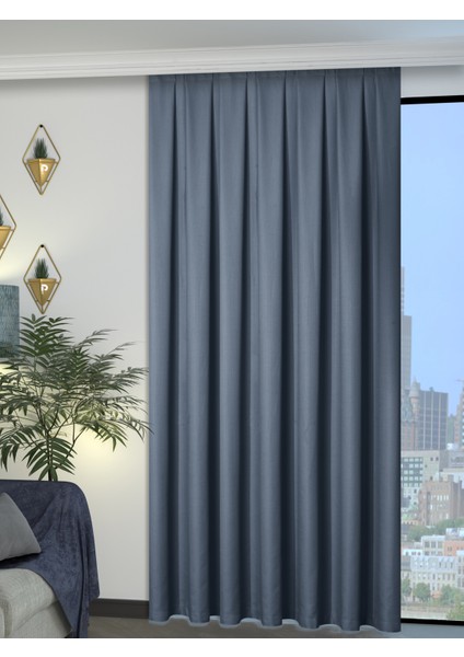 1/2 Pileli Keten Dokulu Koyu Indigo Modern Fon Perde – Ütü Gerektirmez