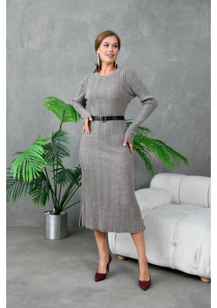 Kadın Elbise Bisiklet Yaka Midi Boy Elbise Vizon - 10823