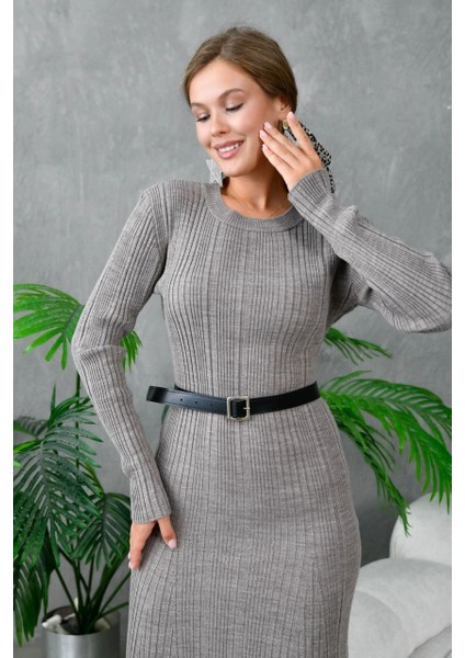 Kadın Elbise Bisiklet Yaka Midi Boy Elbise Vizon - 10823 modelleri