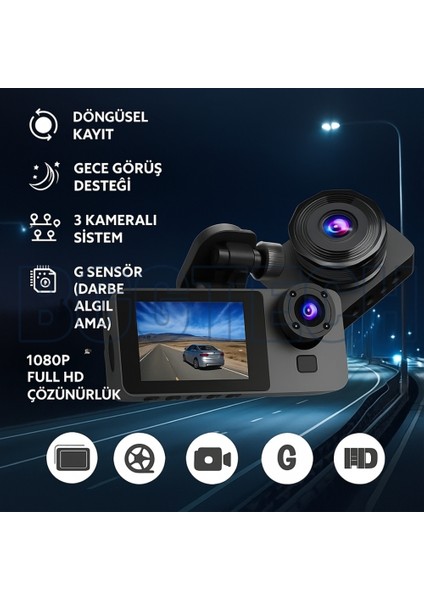 3 Kameralı Araç Içi Hd Kamera 1080P Full Hd, Wifi, Gece Görüş, G-Sensör Dashcam Y15