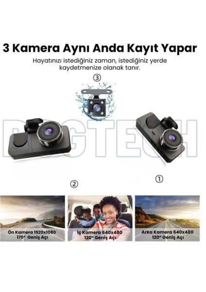 3 Kameralı Araç Içi Hd Kamera 1080P Full Hd, Wifi, Gece Görüş, G-Sensör Dashcam Y15 indirimleri