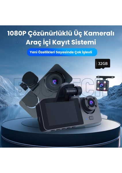 3 Kameralı Araç Içi Hd Kamera 1080P Full Hd, Wifi, Gece Görüş, G-Sensör Dashcam Y15
