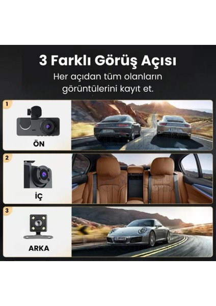3 Kameralı Araç Içi Hd Kamera 1080P Full Hd, Wifi, Gece Görüş, G-Sensör Dashcam Y15