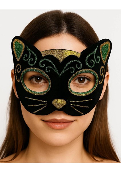 Siyah Kadife Kaplama Üzeri Sarı Yeşil Sim Işlemeli Kedi Maskesi 20X13 cm