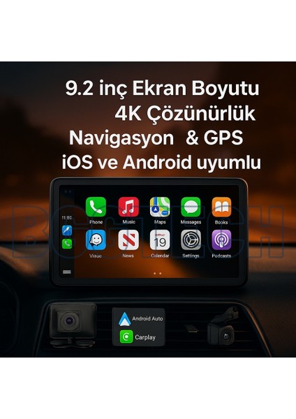 X2 Carplay Akıllı Araç Ekranı Apple Android Uyumlu 9.2” 4K Hd Görüntü, Kablosuz Bağlantı, Arka Kamera Dahil