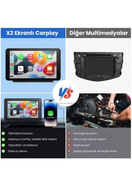 X2 Carplay Akıllı Araç Ekranı Apple Android Uyumlu 9.2” 4K Hd Görüntü, Kablosuz Bağlantı, Arka Kamera Dahil