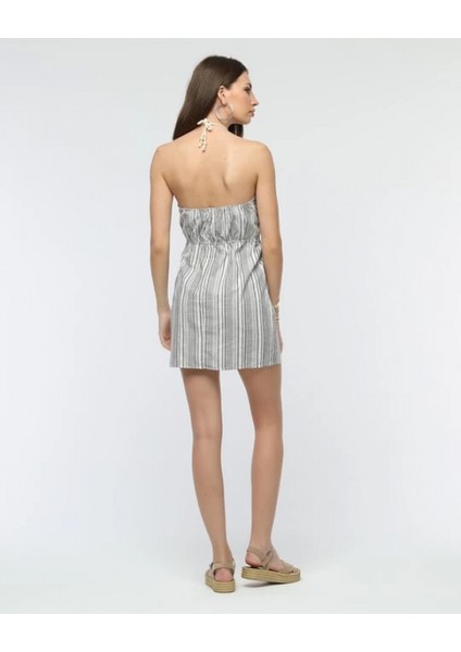 Mtxdpn Kuşaklı Çizgili Mini Keten Elbise Gri (Beden: L) modelleri