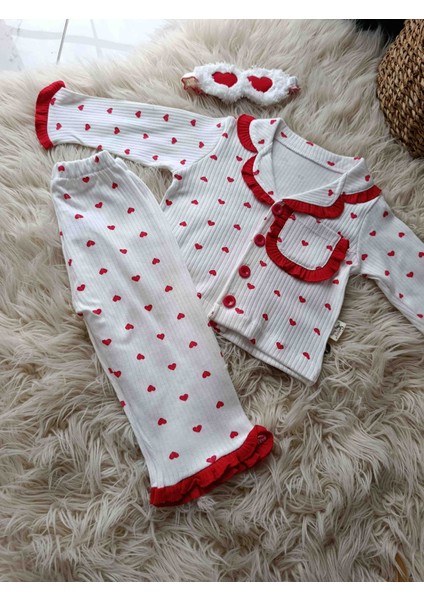 Kız Bebek Pamuklu Kalp Desenli Bandanalı Pijama Takımı