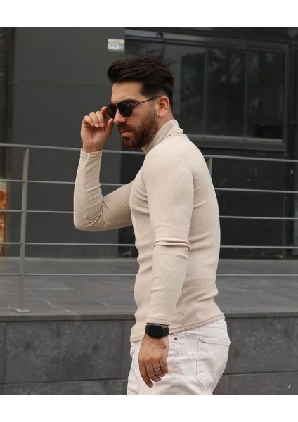 Bej Kaşkorse Balıkçı Yaka Likralı Kazak modelleri