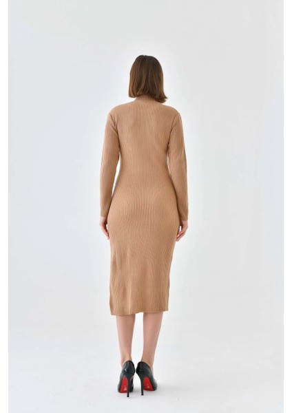 Kadın Elbise Dik Yaka Yırtmaçlı Eteği Düğmeli Elbise Camel - 10581 fiyatları