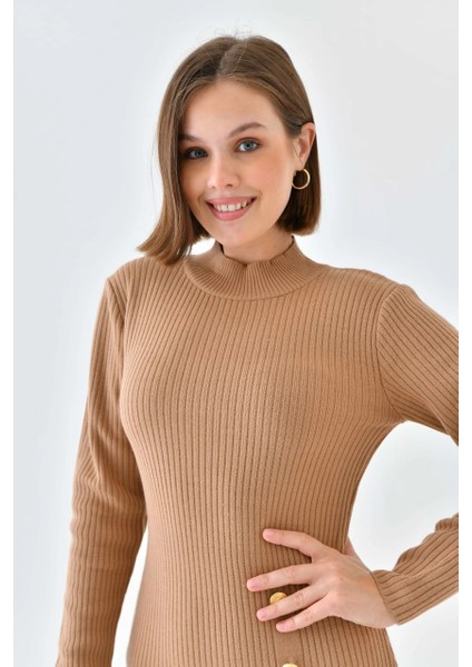 Kadın Elbise Dik Yaka Yırtmaçlı Eteği Düğmeli Elbise Camel - 10581 modelleri