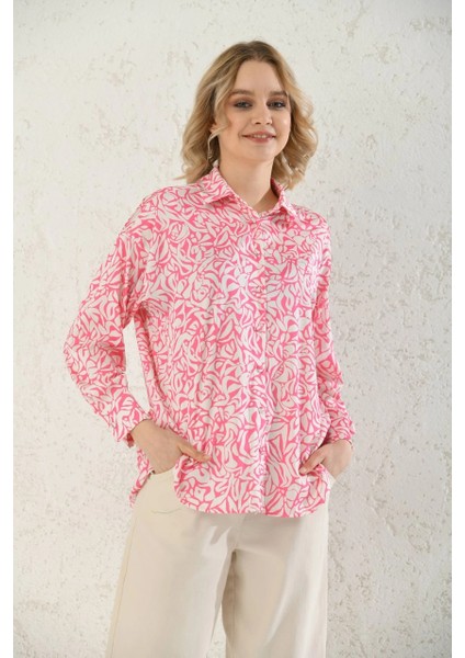 Kadın Gömlek Pembe Desenli Saten Kadın Gömlek Pembe - 22099