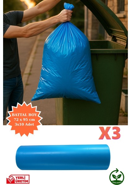 Premium Battal Boy Çöp Poşeti 72X95 cm 3X10 Adet Ev Mutfak Banyo Iş Ofis Avantajlı Ekonomik Paket