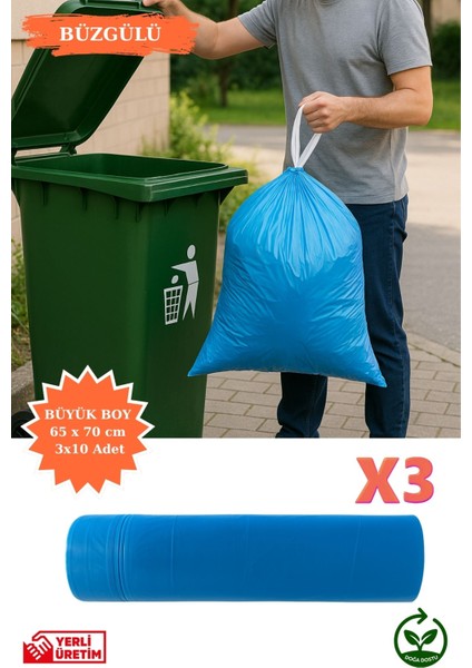 Premium Büzgülü Büyük Boy Çöp Poşeti 65X70 cm 3X10 Adet Ev Mutfak Iş Ofis Avantajlı Ekonomik Paket