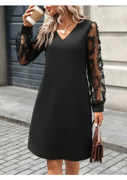 Kadın Uzun Kollu V Yakalı Tüllü Kısa Ithal Krep Mini Elbise modelleri