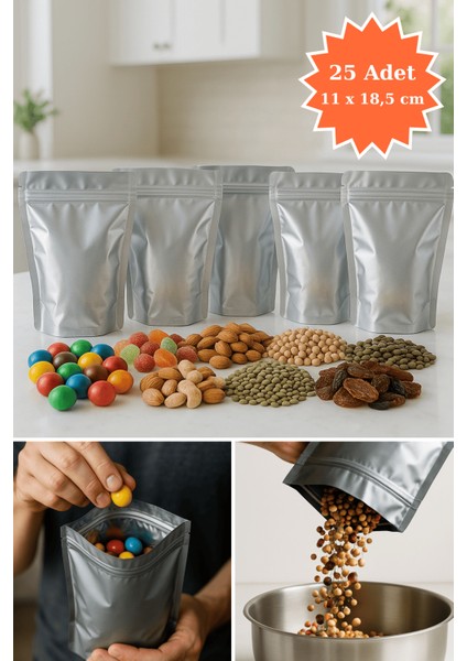 Kilitli Alüminyum Doypack Kahve Kuruyemiş Bakliyat Baharat Saklama Torbası 11X18,5 cm 25LI