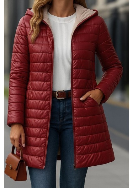 Kadın Uzun Kollu Kapşonlu Cep Detaylı Fermuarlı Orta Boy Mont