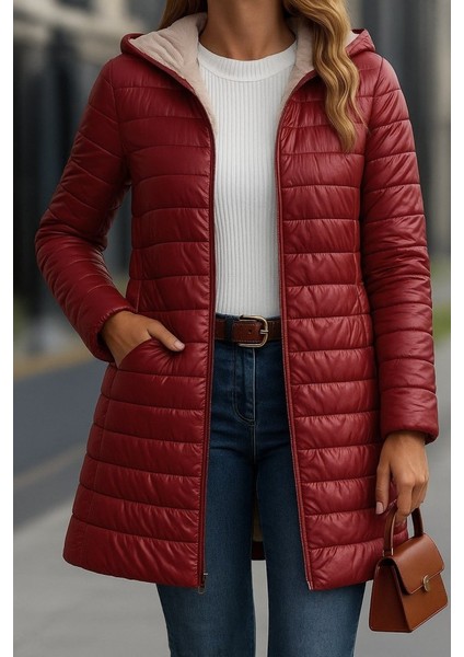 Kadın Uzun Kollu Kapşonlu Cep Detaylı Fermuarlı Orta Boy Mont modelleri