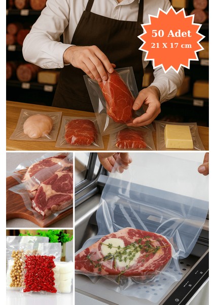 Endüstriyel Vakum Poşet Torba Et Tavuk Peynir Gıdayla Temasa Uygun 65 Mikron Düz 21X17 cm 50 Adet