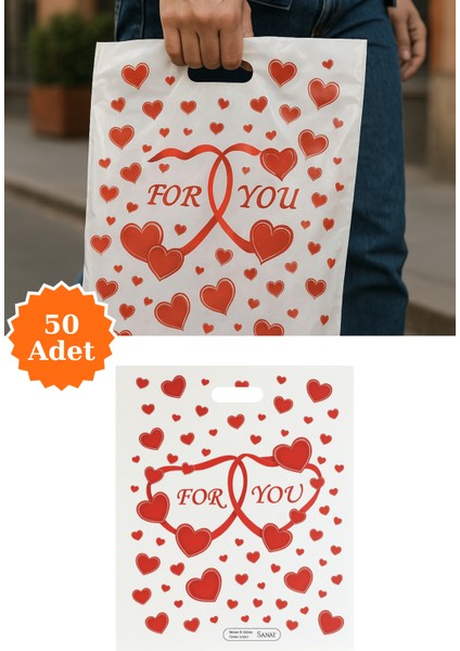 Güçlendirilmiş El Geçmeli Takviyeli Mağaza Poşeti Elit For You Kalp Baskı No 5 47X57,5 cm 50 Adet