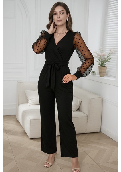 Kadın Uzun Kollu Kolları Tül Detaylı Kruvaze Yakalı Beli Kuşaklı Ithal Krep Tulum modelleri