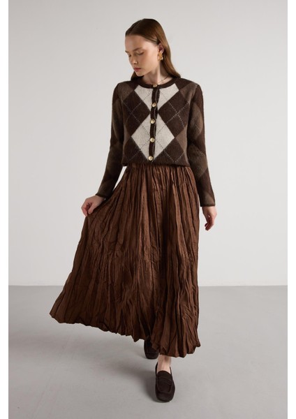 Süet Kraşlı Uzun Etek Kahve