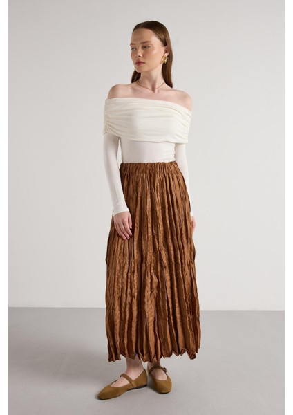 Süet Kraşlı Uzun Etek Taba