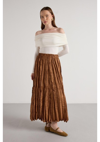 Süet Kraşlı Uzun Etek Taba