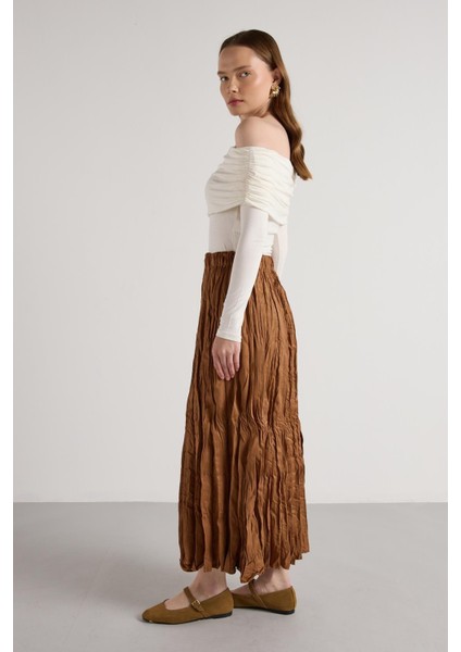 Süet Kraşlı Uzun Etek Taba