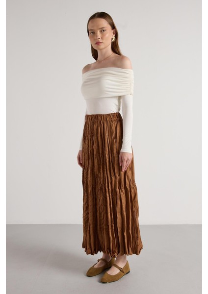 Süet Kraşlı Uzun Etek Taba