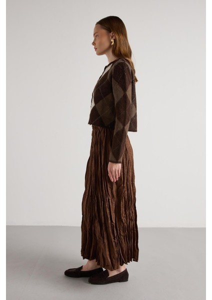 Süet Kraşlı Uzun Etek Kahve