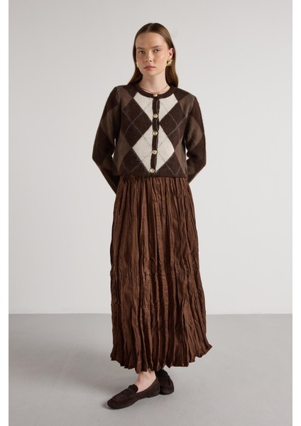 Süet Kraşlı Uzun Etek Kahve