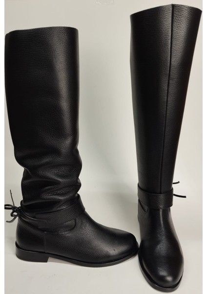 Kadın Hakiki Deri Körüklü Yarım Astar Siyah Floter Çizme