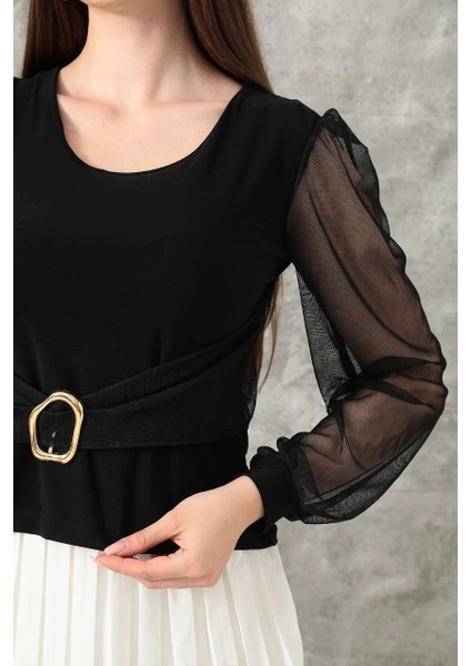 Mtxdpn Tokalı Tül Kollu Bluz Siyah T4071 (Beden: L) modelleri