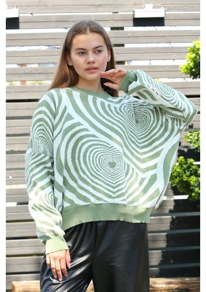 Mtxdpn Beyaz Kalp Çizgili Kazak Mint (Beden: Standart)