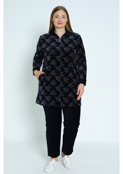 Kadın Büyük Beden Lacivert Yaprak Desenli Fermuarlı Cepli Pamuklu Kadife Alt Üst Takım