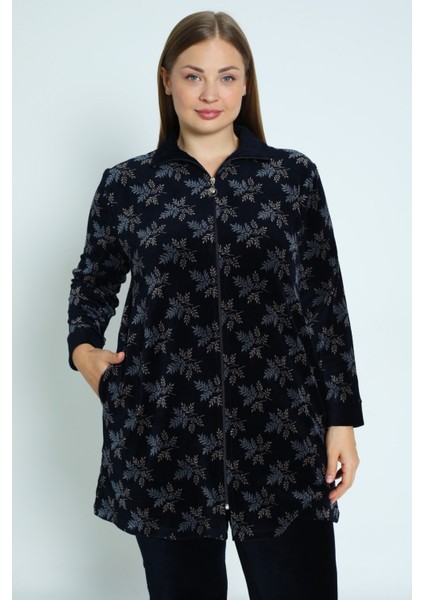 Kadın Büyük Beden Lacivert Yaprak Desenli Fermuarlı Cepli Pamuklu Kadife Alt Üst Takım fiyatları