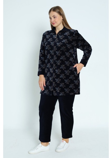 Kadın Büyük Beden Lacivert Yaprak Desenli Fermuarlı Cepli Pamuklu Kadife Alt Üst Takım modelleri
