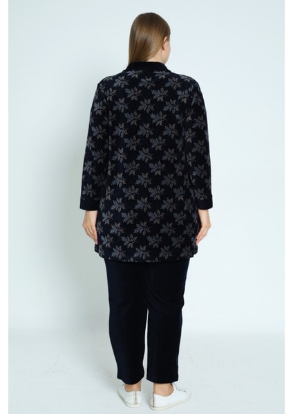Kadın Büyük Beden Lacivert Yaprak Desenli Fermuarlı Cepli Pamuklu Kadife Alt Üst Takım fırsatları