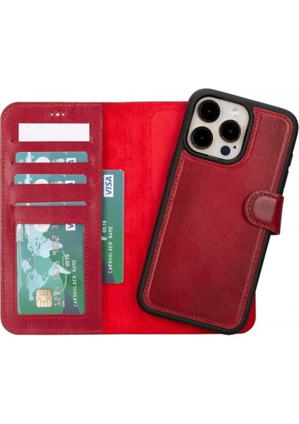 Apple iPhone 15 Pro Max Uyumlu Deri Cüzdanlı Kılıf Mwwn V4EF Kırmızı indirimleri