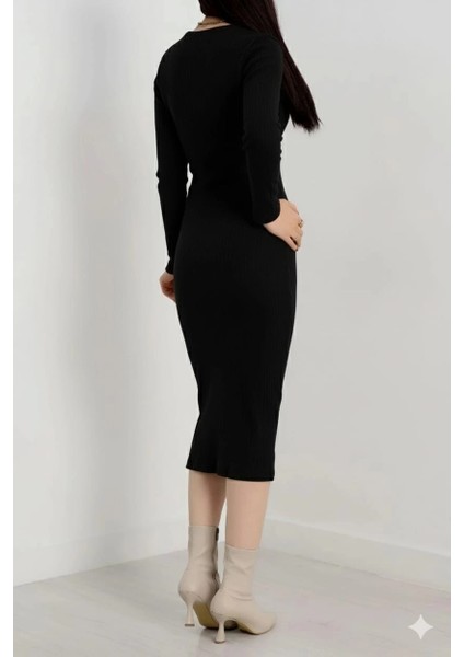 Mtxdpn Fermuar Detaylı Fitilli Şardonlu Elbise Siyah A3178 (Beden: Standart) modelleri