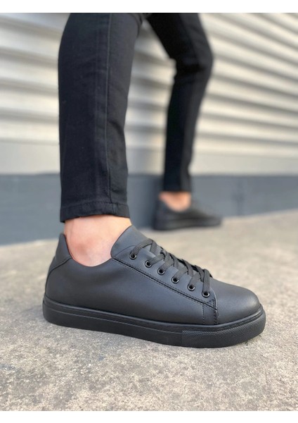 JY122 Mode Bağcıklı Cilt Erkek Günlük Sneaker Ayakkabı Cst - Siyah