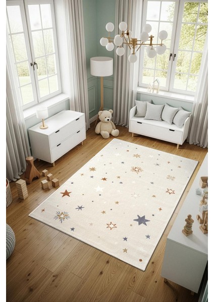 Cotto Kids CK001R Krem Halı Renkli Yıldız Desen Kaymaz Taban Yumuşak Yıkanabilir Çocuk Odası Halısı