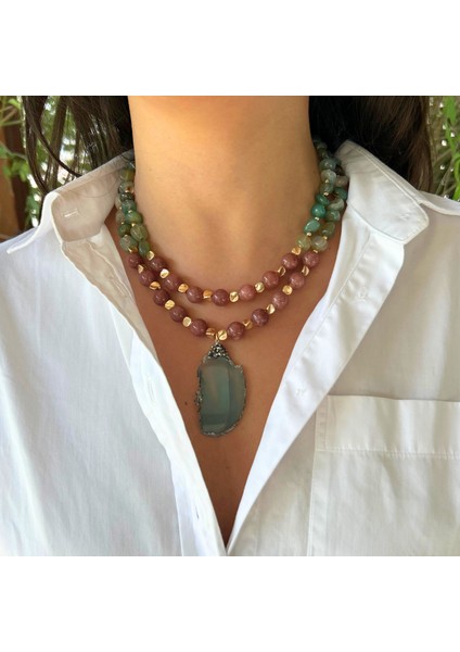 El Yapımı Yıldız Taşı ve Yeşim Doğal Taş Özel Tasarım Yeşim Doğaltaş Uçlu Kadın Ikili Kolye