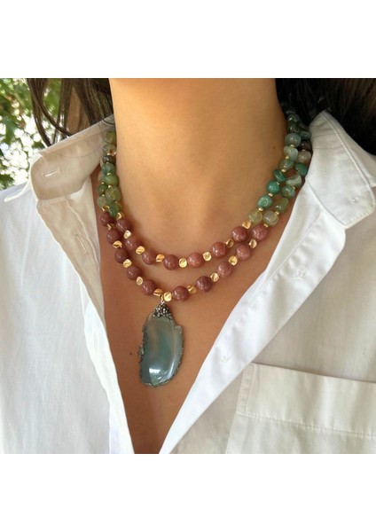 El Yapımı Yıldız Taşı ve Yeşim Doğal Taş Özel Tasarım Yeşim Doğaltaş Uçlu Kadın Ikili Kolye fiyatları