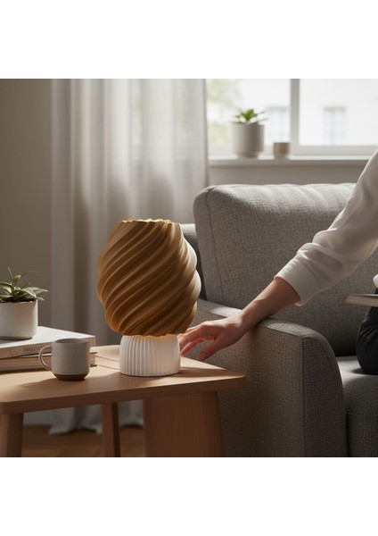 Kahverengi Beyaz Spiral Tasarım Pla Dekoratif Abajur