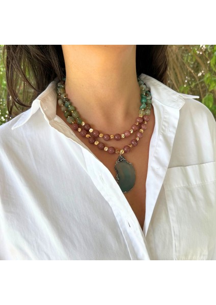 El Yapımı Yıldız Taşı ve Yeşim Doğal Taş Özel Tasarım Yeşim Doğaltaş Uçlu Kadın Ikili Kolye modelleri